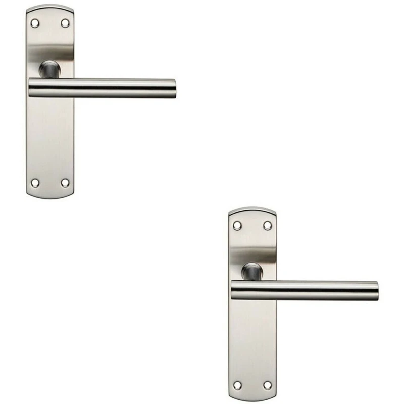 Image of Loops 2x Mitred T Bar Lever Door Handle on Latch Backplate 172 x 44mm Satin Steel Metallics