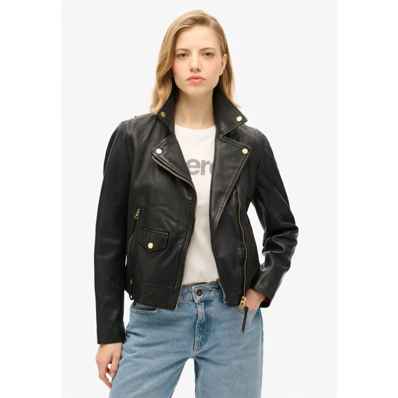 Image of Superdry Leather Biker Jacket Leather Jackets 8 (XS) Black 52045803310