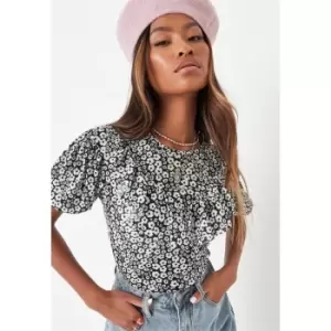 image of Missguided Floral Puff Sleeve Frill Blouse - Multi