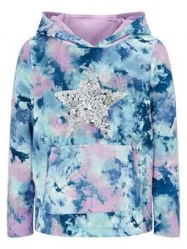 image of Monsoon Girls Tie Dye Print Star Sequin Hoodie - Blue