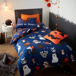 image of Catherine Lansfield Kids Halloween Dogs Glow in the Dark Reversible Duvet Cover Set, Blue, Junior