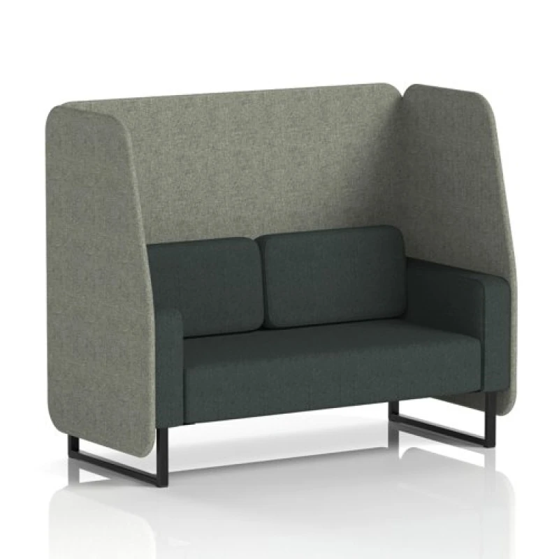 Image of Brixworth 2 Seater Open Office Booth with Black Legs in Rivet Fabric - Vitreous Panels and Charcoal Sofa