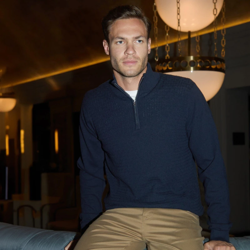 Image of Threadbare Threadbare Men Mini Cable Knit Quarter Zip Jumper in Navy Size: Small Navy S Male 7625914447432