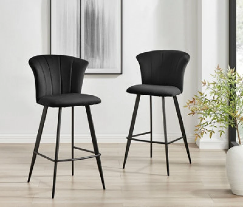 Image of Furniturebox Juniper Black Soft Touch Velvet Fluted Art Deco Bar Stools With Black Legs (Set Of 2)