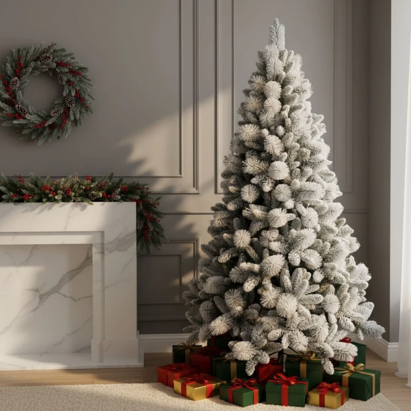 Image of Shatchi 5FT Frosted Snowy Boulder Pine Helsinki Fir Green Tips Bushy Artificial Plain Christmas Tree White
