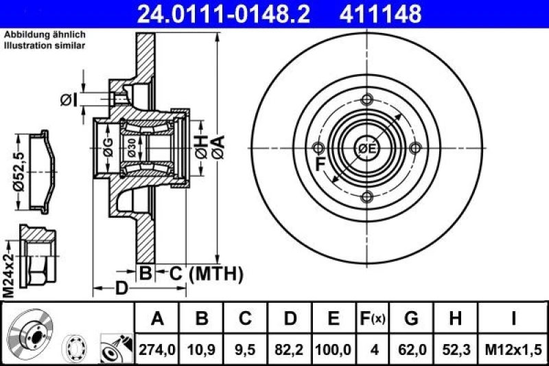 Image of ATE 24.0111-0148.2 Brake disc Solid, Coated, with ABS sensor ring Brake Disc (82)