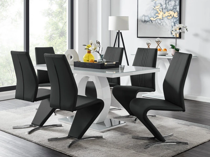 Image of FurnitureboxUK FurnitureboxUK Giovani 6-Seater Grey Glass Dining Table and 6 Willow Faux Leather Dining Chairs in Black One Size Unisex 50565426