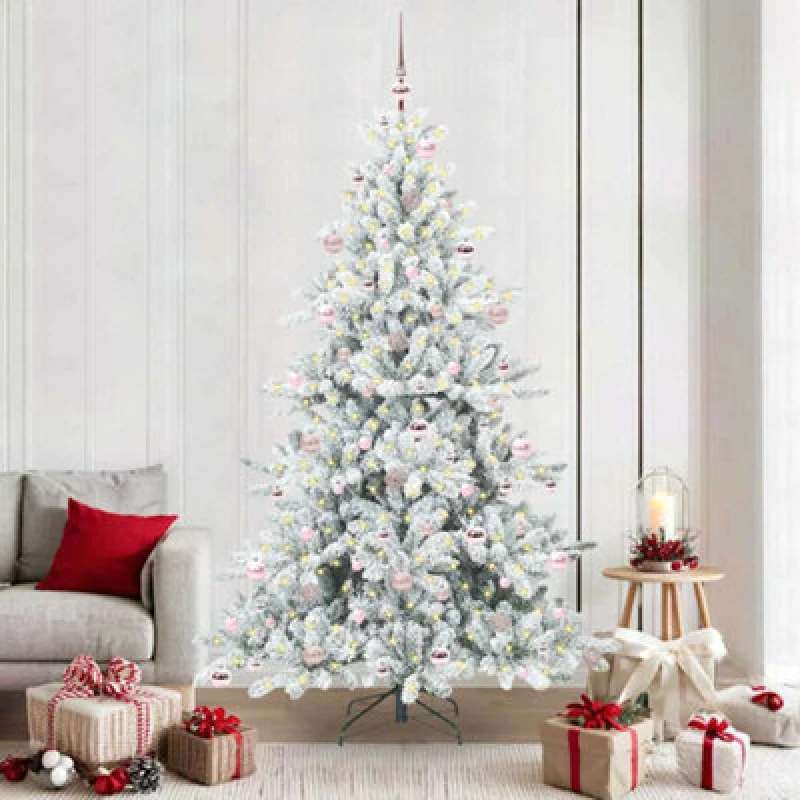 Image of vidaXL Artificial Hinged Christmas Tree with 300 LEDs, Pink Balls Snow Flocked 210cm PVC, Green 3397733