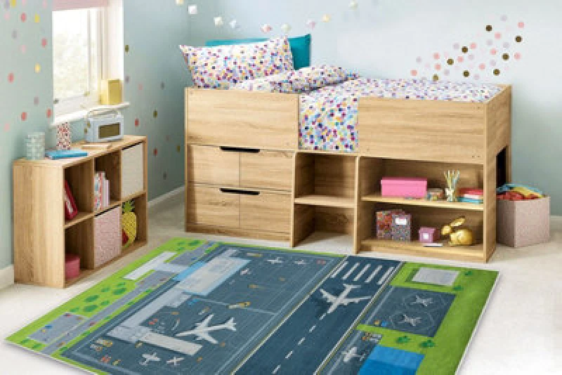 Image of RugsX Bambino 46990 Washing Carpet Airport, Airplanes For Children Anti Slip - Green / G 80X150 Cm