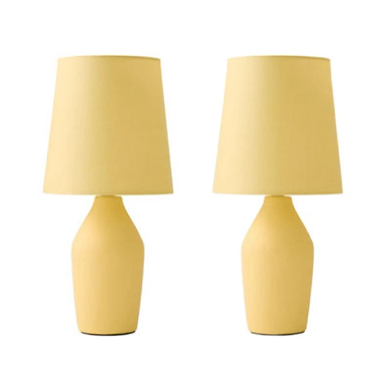Image of ValueLights Arlo Pair of Compact Ceramic Table Lamps with Fabric Shades and LED Bulbs Yellow