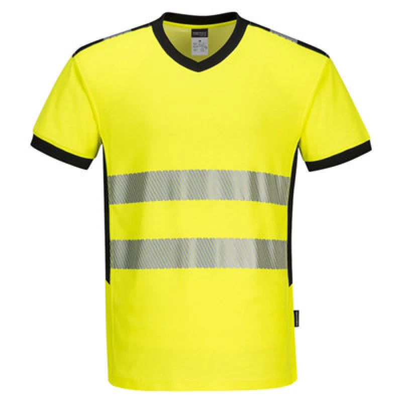 Image of Portwest PW3 Hi Vis V Neck Mesh Insert Short Sleeve T Shirt PW310YBR4XL Colour: Yellow / Black