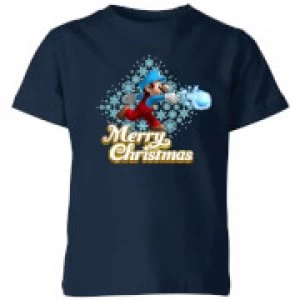 Image of Nintendo Super Mario Mario Merry Christmas Snowball Kid's T-Shirt - Navy - 11-12 Years
