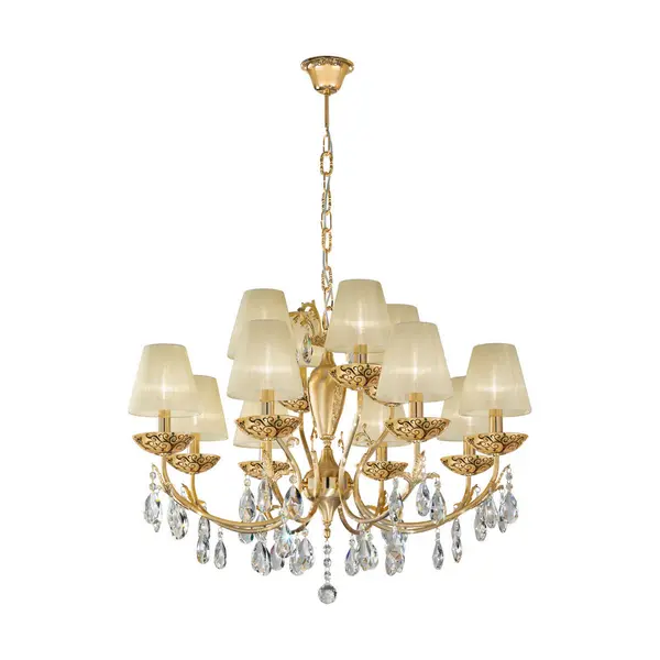 Image of Victoria 2 Crystal Multi Arm Chandeliers With Shades 12 Light 24 Carat Gold
