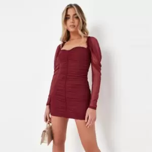 Missguided Petite Mesh Ruched Ls Mini Dress - Red