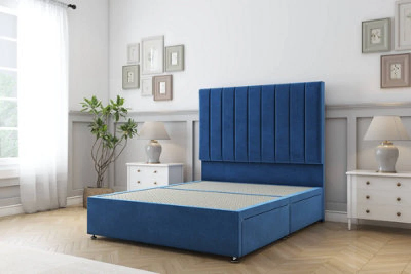 Image of Sloomy Kansas Navy Plush Divan Bed Base No Drawers With 26" Strutted Headboard 6' Super King