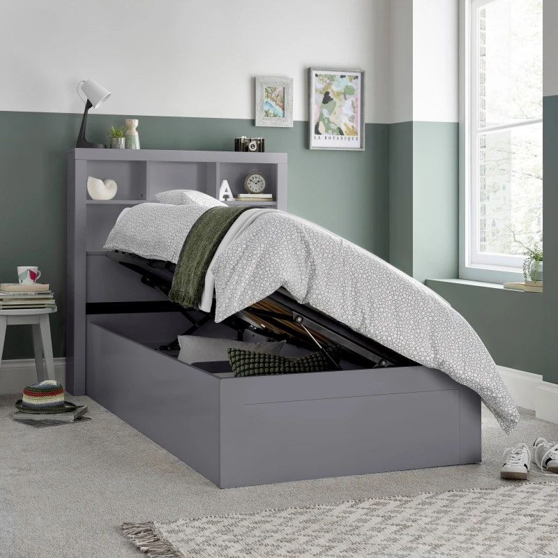 Image of Bedmaster Bedmaster Oscar Wooden Bookcase Ottoman Storage Bed And Signature Platinum 2000 Pocket Sprung Mattress in Grey Size: Single Grey Single Un