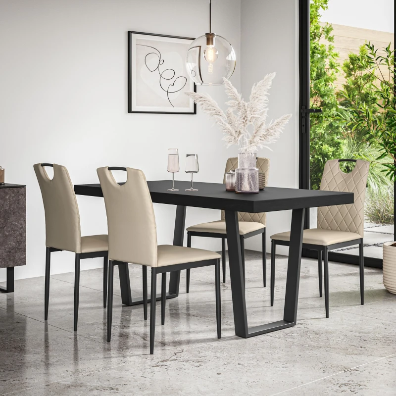 Image of More4Homes Aria Dining Table & Chairs - Black Table Top w Black Legs + Monza Faux Leather Dining Chair Set Of 4 in Beige Beige Unisex