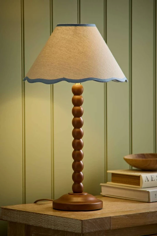 Image of ValueLights Bobbin Colour Trim Linen Shade Walnut Bobble Table Lamp in Baby Blue Baby Blue Unisex