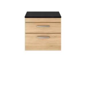 image of Nuie Athena 600 Wall Hung 2-drawer Vanity & Sparkling Black Worktop - Natural Oak