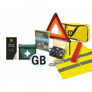 image of AA Car Essentials Euro Travel Safety Kit Inc. Universal Bulb Kit, First Aid Kit, GB Plate, Reflective Jacket, Triangle etc.