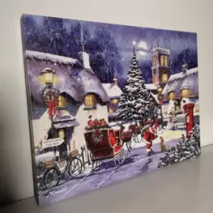 image of 40 x 30cm Snowtime Touch Operated Santa And Village Christmas Fibre Optic Wall Canvas