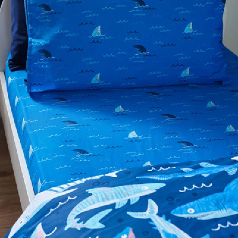 Image of Catherine Lansfield Kids Jawsome Shark Junior Fitted Sheet Navy Blue