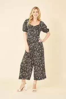 Image of Black Daisy Print Sweetheart Neckline Jumpsuit
