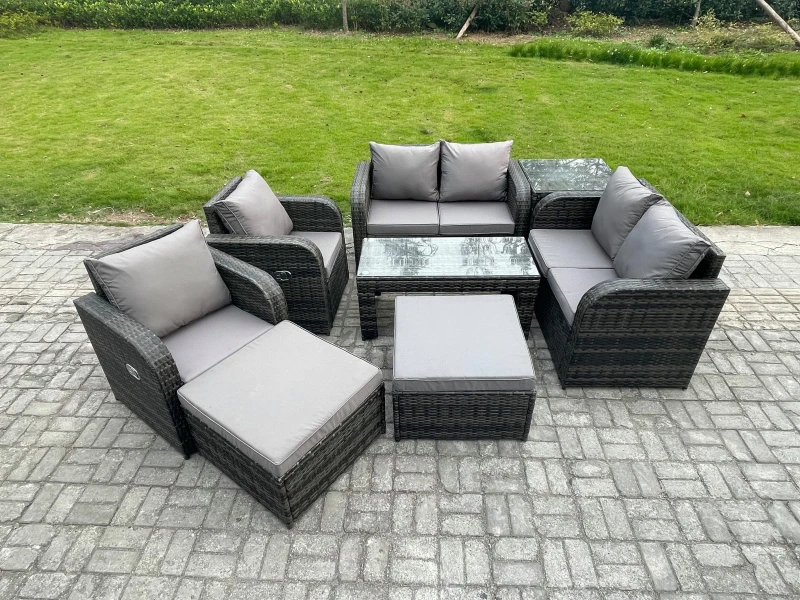 Image of Fimous 8 PCS Garden Furniture set Rattan Outdoor Lounge Sofa Table Chair With Tempered Glass Table Dark Grey Mixed Dark Grey