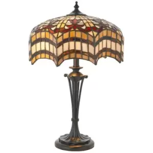 image of Tiffany Glass Table Lamp Light Dark Bronze & Multi Colour Scalloped Shade i00231