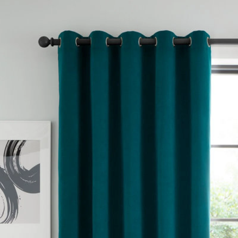 Image of Catherine Lansfield Wilson Velvet Thermal Ready Made Eyelet Door Curtain Green