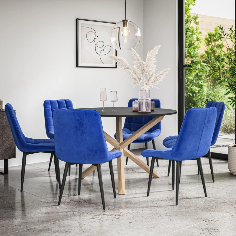 Image of More4Homes Malvern Round Dining Table And Chairs - Black Table Top W Solid Oak Legs + Nova Velvet Dining Chair Set Of 6 (Blue)