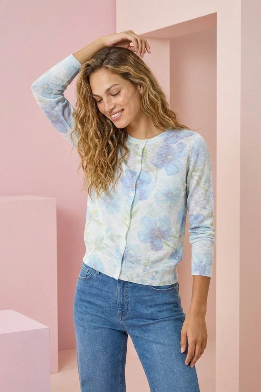Image of Roman Womens Floral Print Knit Cardigan in Ivory Size: 12 Ivory Female 12