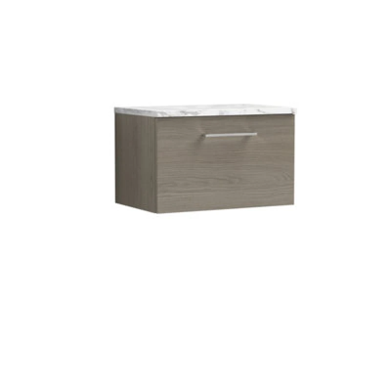Image of Nuie Arno Wall Hung 1-Drawer Modern Vanity Unit With Solace Oak Laminate Worktop, Stylish Counter Top Vanity Unit In Solace Oak