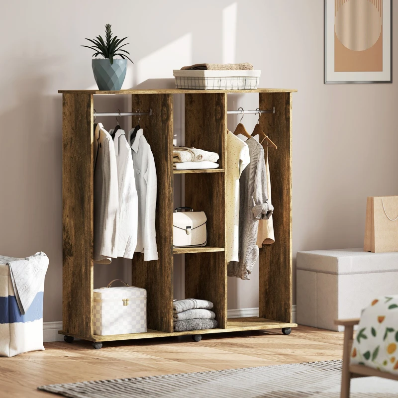 Image of HOMCOM Mobile Double Open Wardrobe w/ Clothes Hanging Rail Colthing Brown