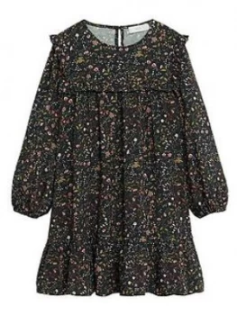 image of Mango Girls Frill Neck Floral Long Sleeve Dress - Black