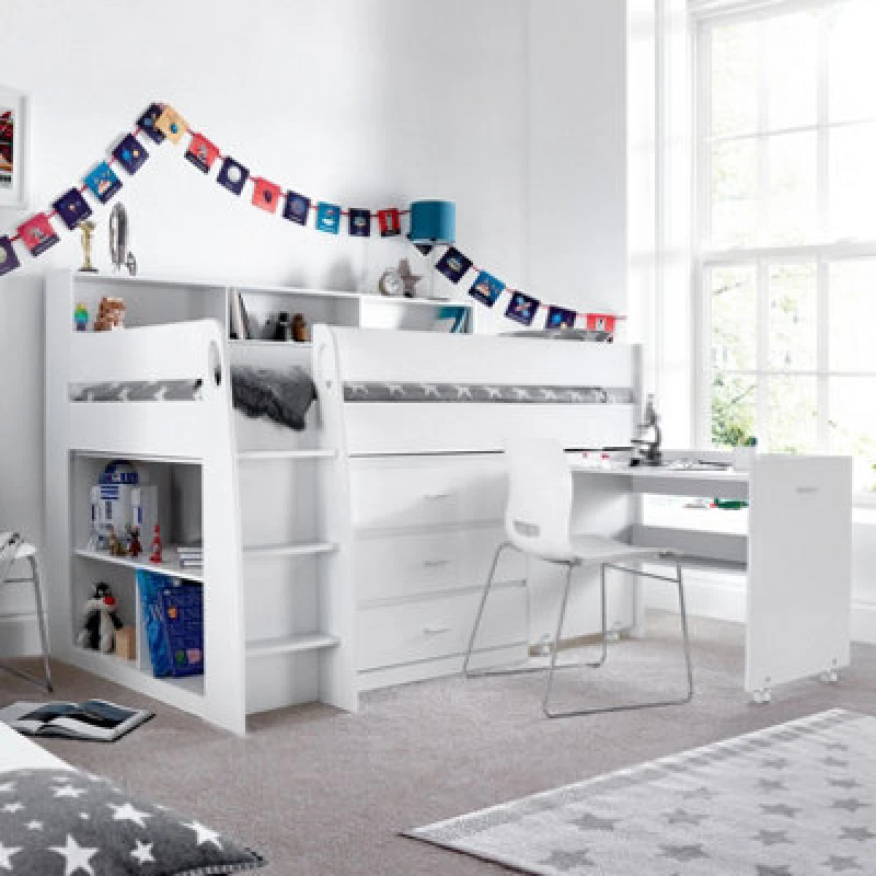 Image of Bedmaster Erin White Mid Sleeper Bed With Desk And Spring Mattress