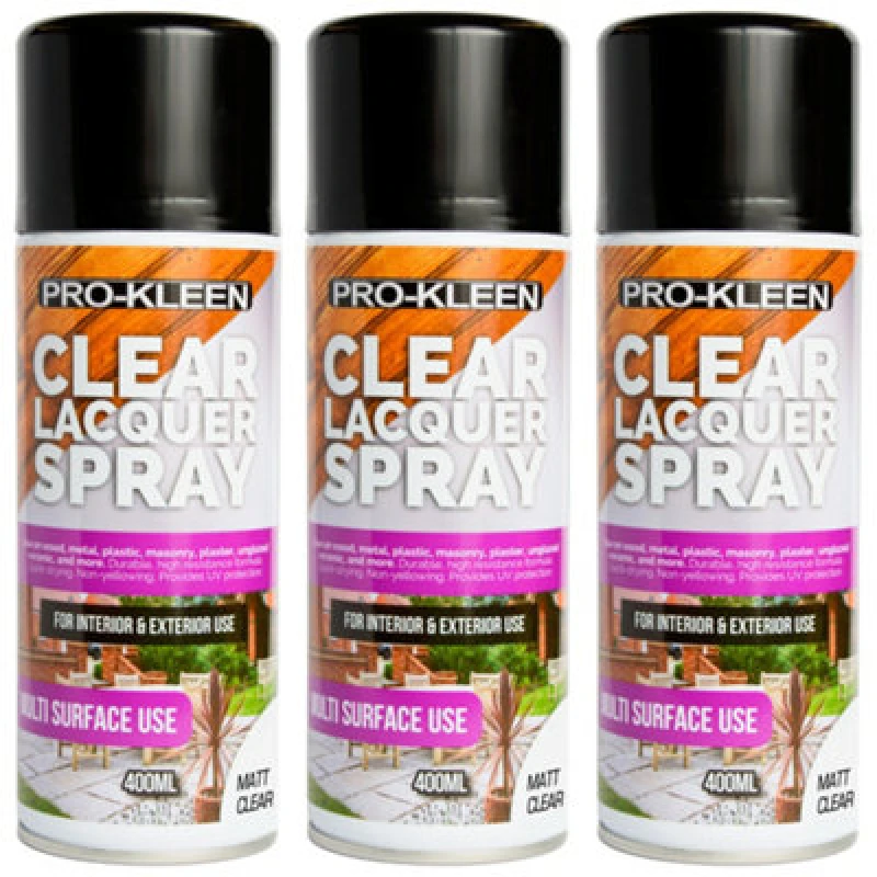 Image of ProKleen Clear Lacquer Spray Protects & Seals Multi Surface Use Matt 3 x 400ml Clear