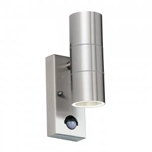 image of PIR 2 Light Outdoor Up Down Wall Light Clear Glass, Polished Stainless Steel IP44, GU10