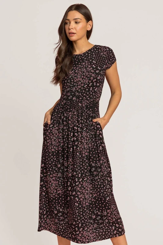 Image of Roman Patchwork Floral Stretch Jersey Dress Black female