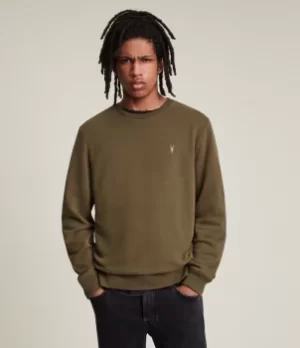 Image of AllSaints Mens Raven Contrast Crew Sweatshirt, Brown, Size: L