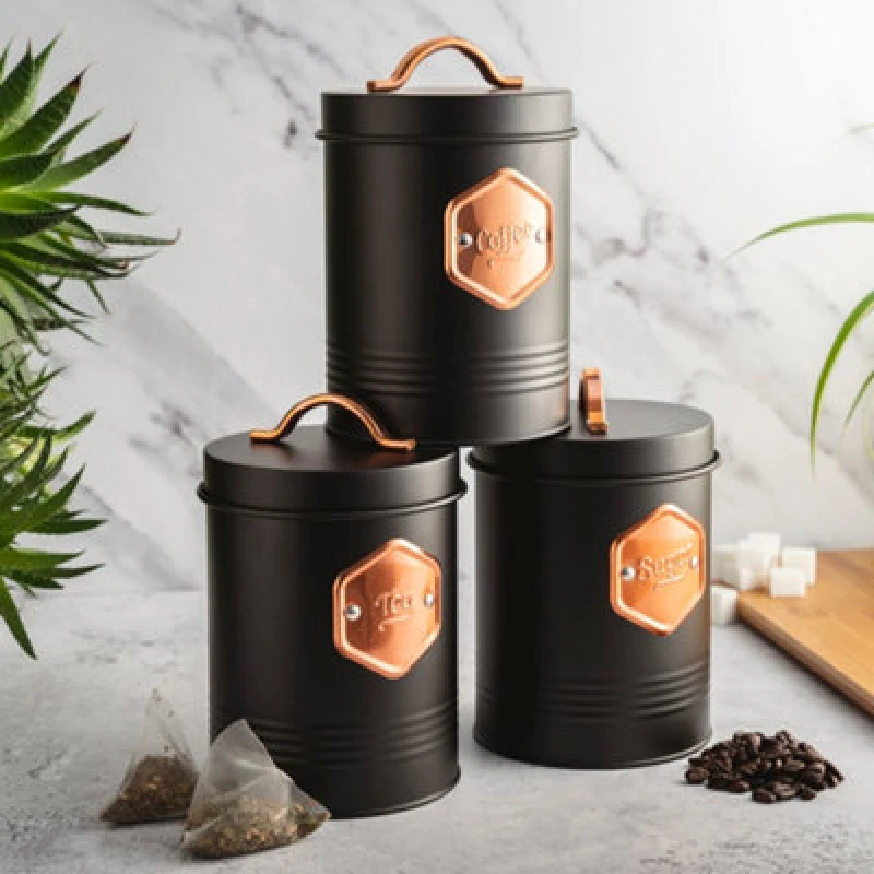 Image of Cooks Professional 3 Piece Tea Coffee Sugar Cannister Set - Labelled Kitchen Storage Tins With Airtight Lids - Black & Copper