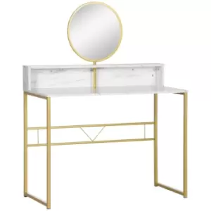 image of Modern Dressing Table W/ Open Storage Round Mirror Faux Marble Bedroom White