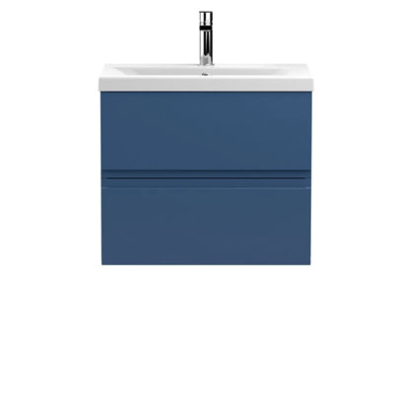 Image of Nuie Hudson Reed Urban Wall Hung 2 Drawer Vanity Unit With Mid-Edge Ceramic Basin, Modern Bathroom Furniture In Satin Blue, 600mm
