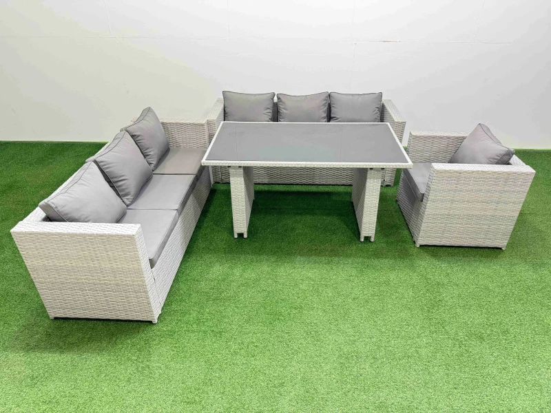 Image of Fimous Patio Garden Furniture Sets With Black Glass Top Dining Table 3 Seater Sofa Armchair Light Grey