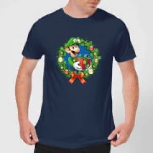 Image of Nintendo Super Mario Luigi Christmas Present Wreath Navy T-Shirt - L - Navy