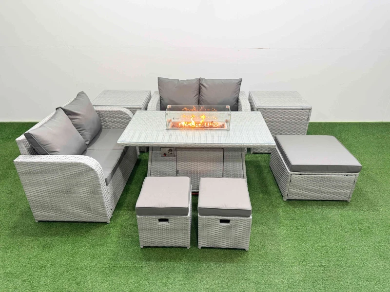 Image of Fimous 7 Seater Outdoor Love Sofa Set Rattan Garden Furniture Set with Firepit Dining Table 3 Footstool 2 Side Tables Light Grey Light Grey