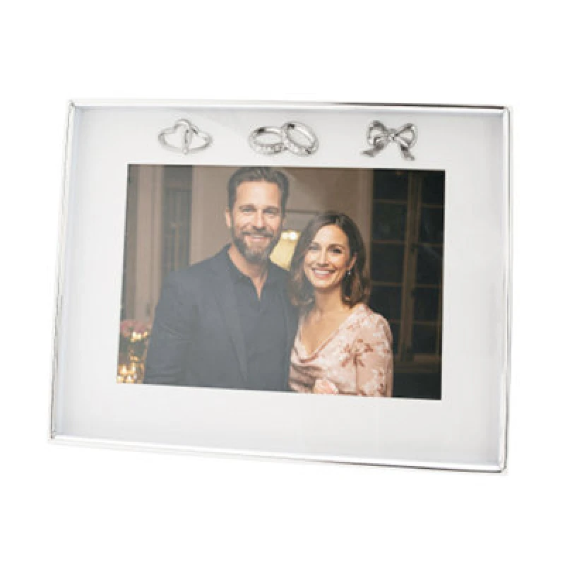 Image of Happy Homewares Modern Wedding Picture Frame In Silver Plating With Rings And Hearts