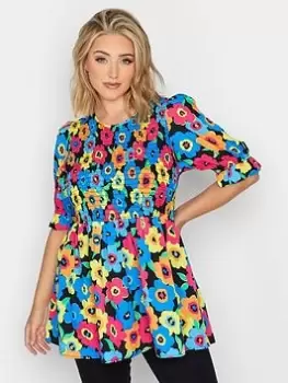 Image of Yours Shirred Puff Sleeve Top Bright Floral, Black, Size 18, Women