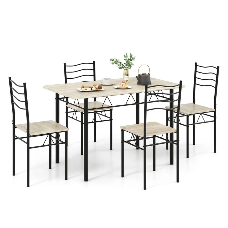 Image of COSTWAY 5 PCS Dining Table Set w/ Rectangular Tabletop Industrial Kitchen Table 4 Chairs Set Natural