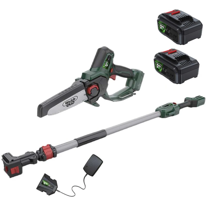 Image of Webb Eco WEV20EXTPS 20v Cordless Pruning Saw 150mm with Extension Pole 2 x 4ah Li-ion Battery Charger WEV20EXTPSB42